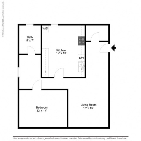 Floor plan for 1 bed, 1 bath, 615 sqft